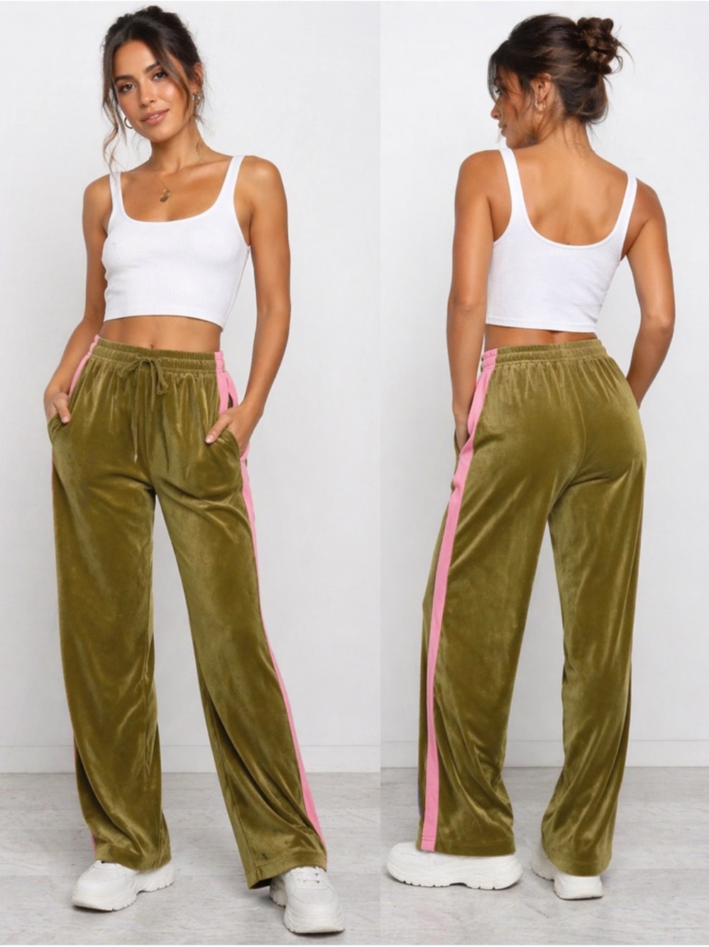 La Boheme girls olive velour track pants pink stripe wide leg lounge Y2K S/M